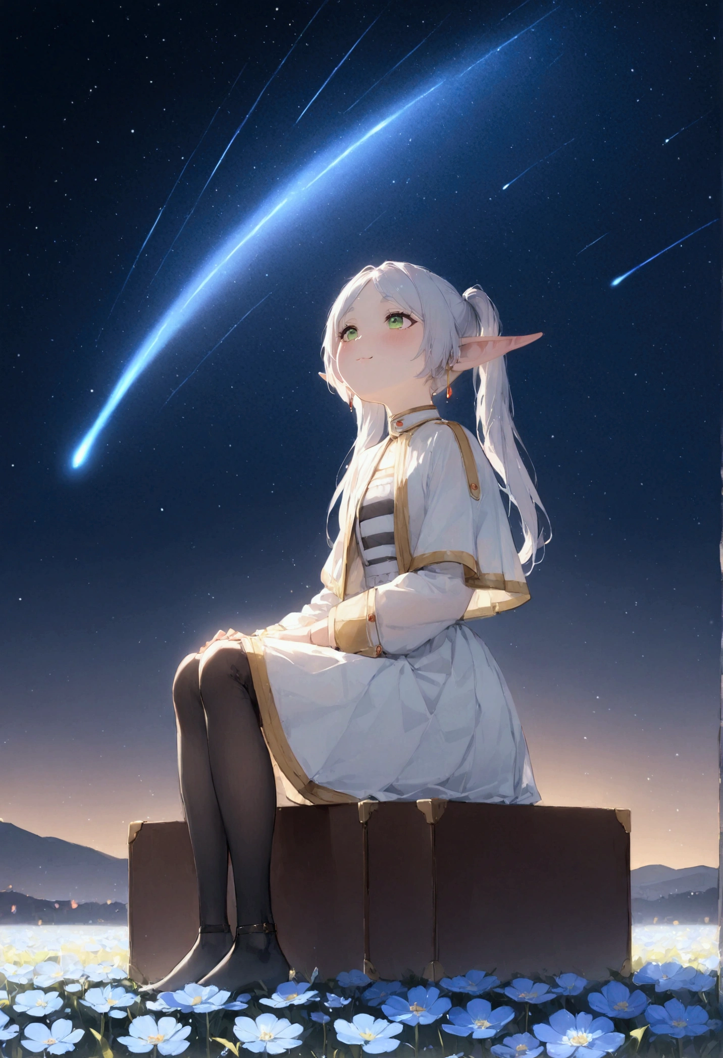  High image quality 、masterpiece、   high quality、Full HD、4K、 standing、 one girl sitting on the ground 、Side view、 Funeral Freelen、 Silver Hair、 twin tails、Green Eyes、Elf Ears、 White Dress 、 striped inner、skirt with gold hem 、Black tights、 flat chest、Blushing cheeks 、 looking up at the sky 、Look Up、smile、Blue Flower Field、Standing in a flower field、The blue petals are flying、Night Sky、 shooting stars、Meteor Shower