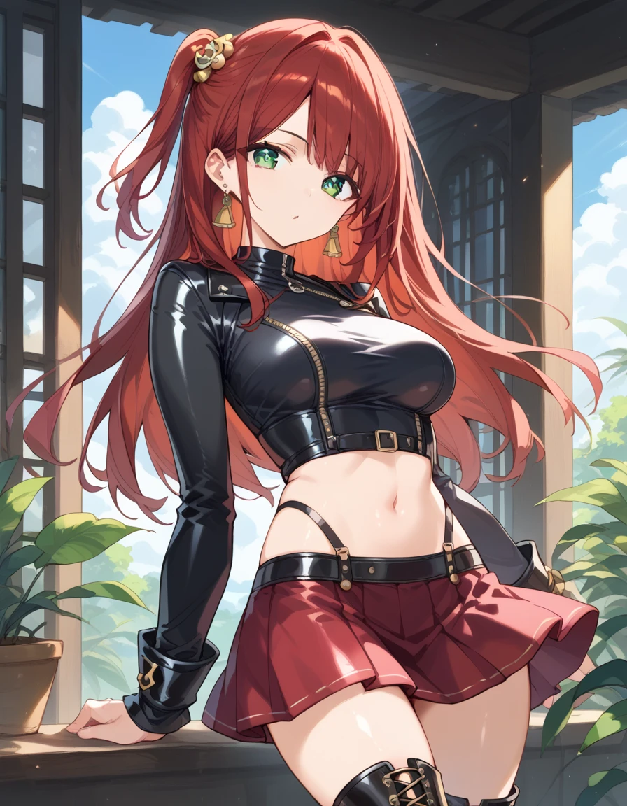 score_9, score_8_up, score_7_up, source_Cartoon, Morning Fragrance  ,   red hair, (green eyes, one side up),,hair accessories,   Shiny Skin , long hair, Circle Earrings  .Tight Leather Suit..Skinny Skirt ..Leather Black Horse Boots... Open Leg