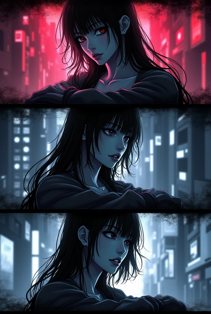 A beautiful detailed triptych, hyperrealistic manga RPG style, vibrant colors, highly detailed characters reminiscent of Sweet Home, intricate horror backgrounds, dramatic lighting, masterful composition, photorealistic render, cinematic atmosphere