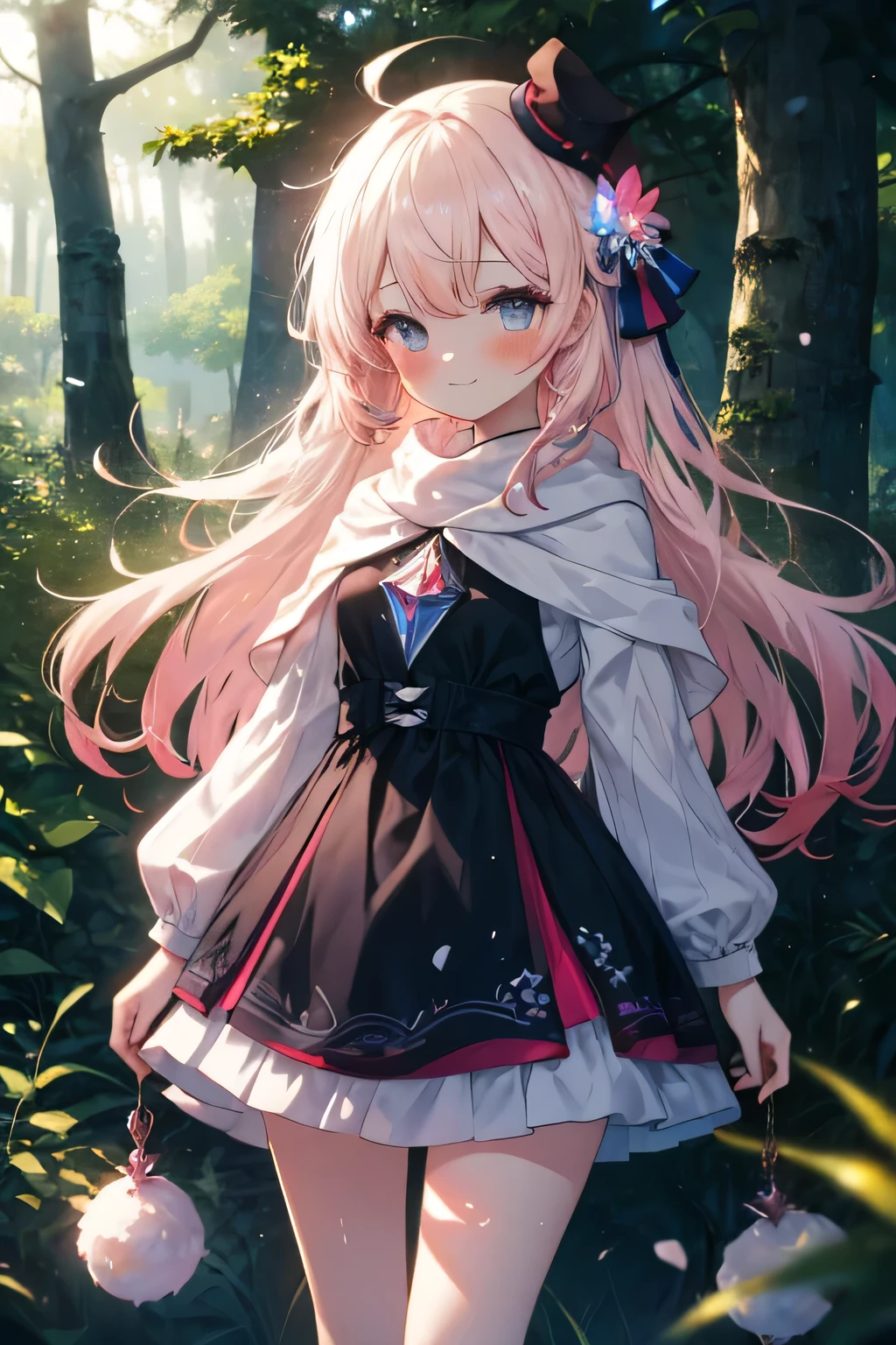 Girl smiling, standing, forest background, forest background(dark), complete anatomy, graphic effects,  ornament of an accessory shaped like a flower on the head, aura, first person, blush,  looking at the viewer, Charm, Pausa de toque ciego  looking at the viewer