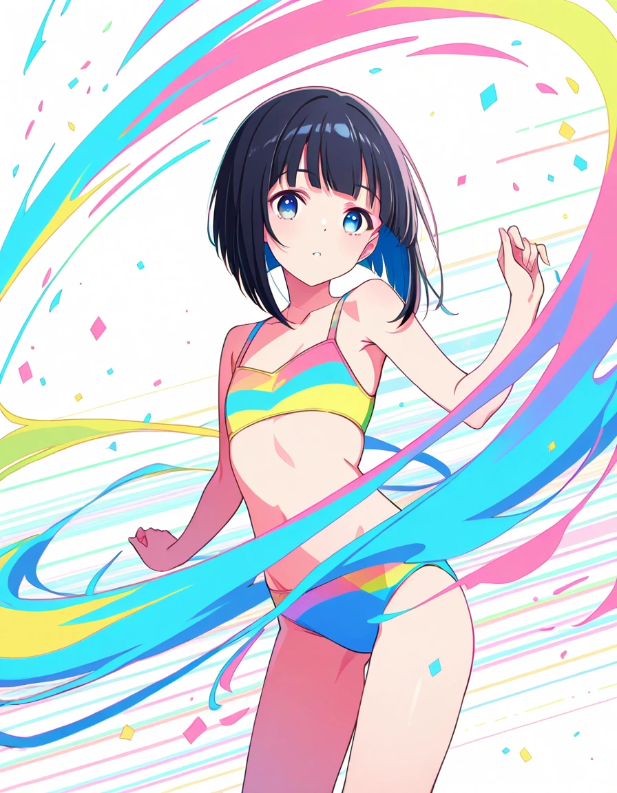 hiquality、top-quality、Full limbs、complete fingers、Slender beauty、ssmile、Wearing a white school swimsuit、bob cuts、rainbow-colored hair、knee high、colourfull、Fantastic extra-dimensional space