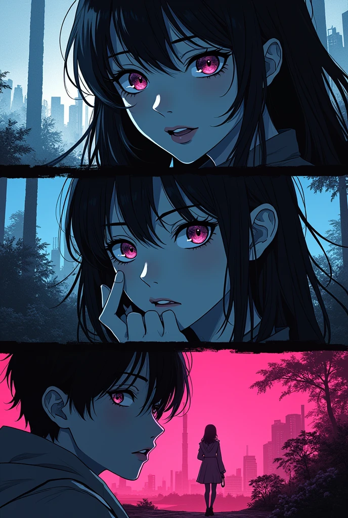 A beautiful detailed triptych, hyperrealistic manga RPG style, vibrant colors, highly detailed characters reminiscent of Sweet Home, intricate horror backgrounds, dramatic lighting, masterful composition, photorealistic render, cinematic atmosphere