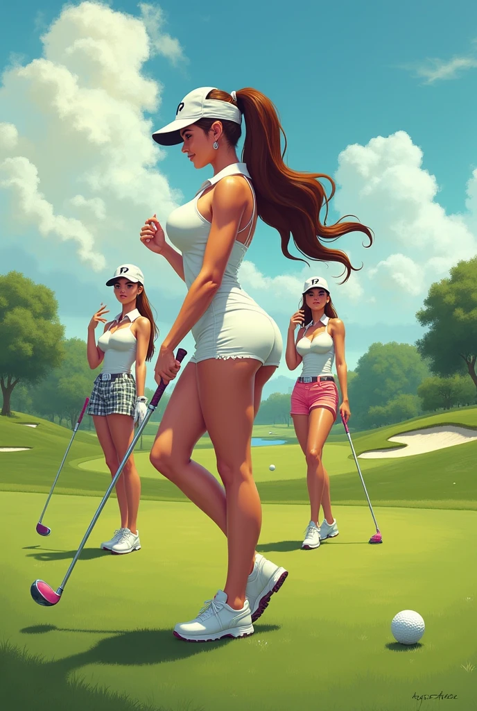 Hot and sexy girls playing golf wearing short skirts and bras