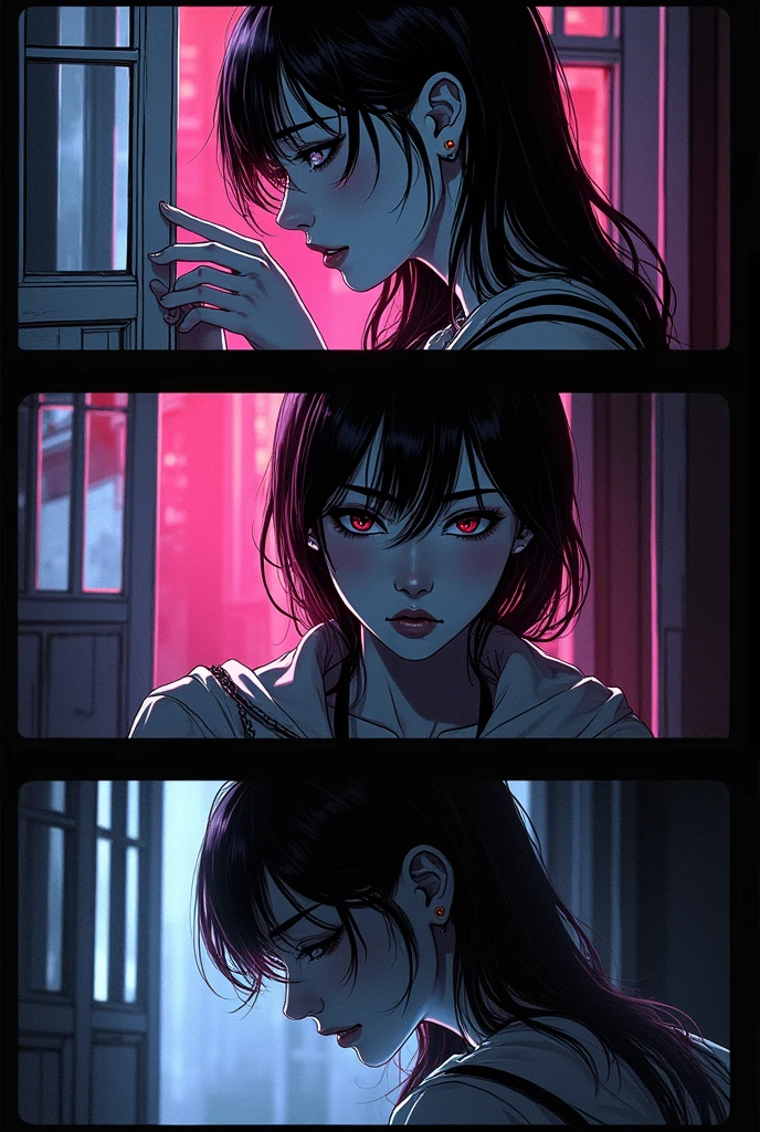 A beautiful detailed triptych, hyperrealistic manga RPG style, vibrant colors, highly detailed characters reminiscent of Sweet Home, intricate horror backgrounds, dramatic lighting, masterful composition, photorealistic render, cinematic atmosphere