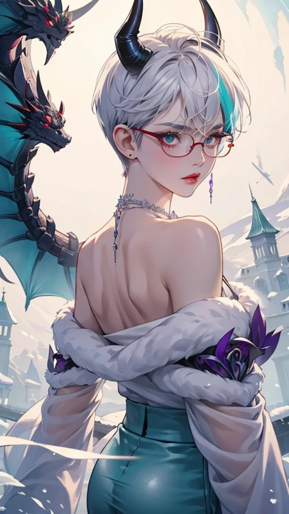 8k, masterpiece, best quality, highly detailed, 1 girl, tiefling, warlock, multicolored hair, very short straight hair green highlight hair on white hair, strippled hair, wearing glasses, round glasses, earrings, long dress with side cut, lace dress, red eyeshadow, long eyelashes,navel piercing, blushed cheek, necklace, collarbone, high heels, mole, glamorous, purple and teal clothing, villainy, smirk, seductive face, close up view, ring on fingers, looking at viewer, standing, demon horns, solo, full blue moon, hand touching cheek, chruch, black lace gloves, wearing veils.