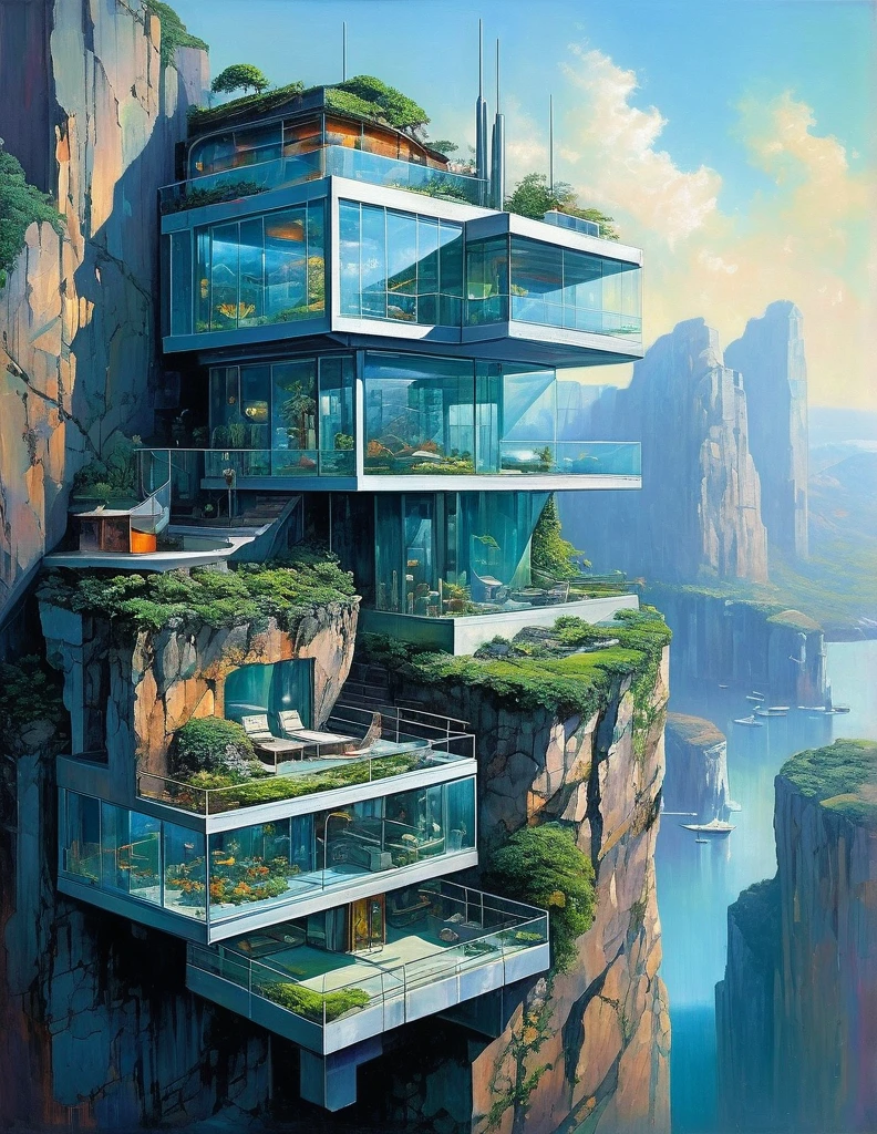 Lunar Imagination: a holographic house nestled in a futuristic in rock cliffs. Imagine a high-rise residence with vertical gardens, Cyberpunk Korean girl walking in street, mechanical aesthetics, complex machinery, suspended terraces, and panoramic views of the holographic city. pretty oil painting in the style of Leonor Fini