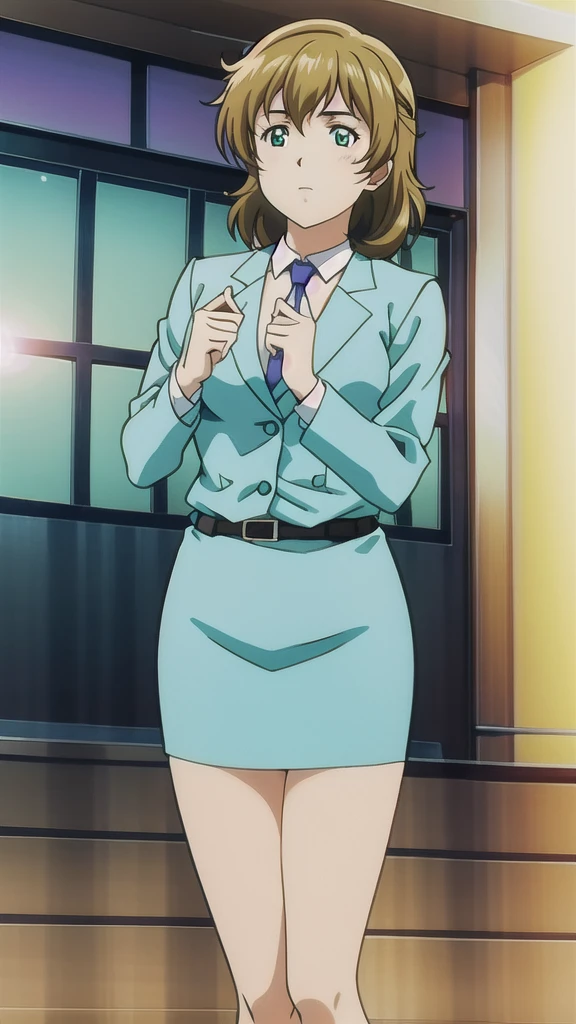 Brown Hair、 medium hair、Green Eyes，悲しいface， Full Body Style 、 normal breasts、 narrow waist 、Bare legs、In a suit、 blue jacket ,襟付きshirt, shirt, yellow tie ,belt,,  Blue Mini Pencil Skirt, black tights，White pumps，My legs are slightly flabby， OFFICIAL ART, Extremely Fine CG Unity 8k Wallpaper ,  full light, colorful , bright _ Front_face_Lighting,  shiny skin, ( masterpiece:1.0),(Highest_quality:1.0), 超 Hi-Res,4K,Ultra-detailed, photo shoot, 8k,  Hi-Res,  Hi-Res,  absurd:1.2,  Kodak Portra 400,  Film Grain ,  blurry background, Bokeh:1.2,  lens flare , ( lively_ color:1.2), Professional photography,Anime Images、