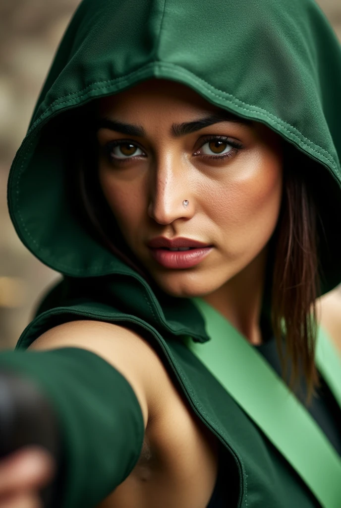 Cinematic soft lighting illuminates a stunningly detailed and ultra-realistic a close up of yamig in a green outfit with a hood on holding a weapon in hand, mortal kombat 11, female Jade from mortal kombat, in mortal kombat, mk ninja, wearing green armor and helmet, akali, fujin, that is trending on ArtStation. Octane is the perfect tool to capture the softest details of this 16k photography masterpiece