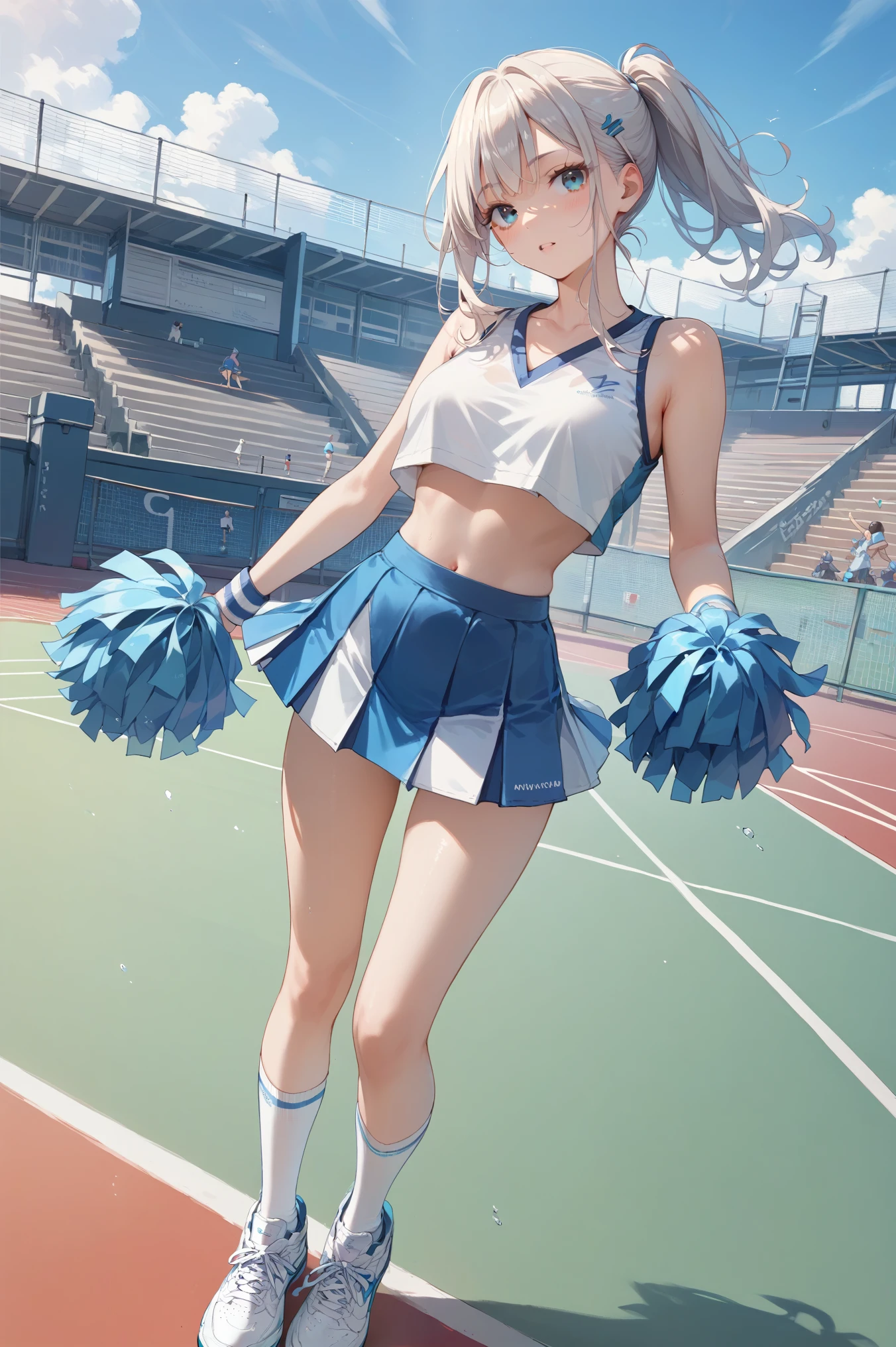 beautiful cheerleader girl 18 years old slim body white crop top with blue bare abdomen white mini skirt with blue slim legs white socks white tennis shoes school gym