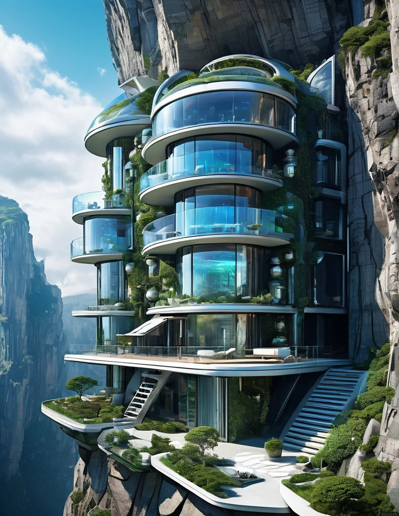 Lunar Imagination: a holographic house nestled in a futuristic in rock cliffs. Imagine a high-rise residence with vertical gardens, Cyberpunk Korean girl walking in street, mechanical aesthetics, complex machinery, suspended terraces, and panoramic views of the holographic city. in the art nouveau and neo traditional style, with a focus on crosshatching