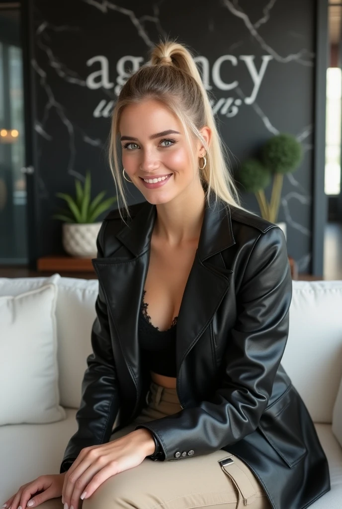 photorealistic slim tall Teen girl with blond ponytail, wearing a black leather crotchless-jeans, devilish-grinn, confident, black thong, tight leather shirt, very big boobs black leather heels, sitting on matras on the floor, looking towards a dog bench