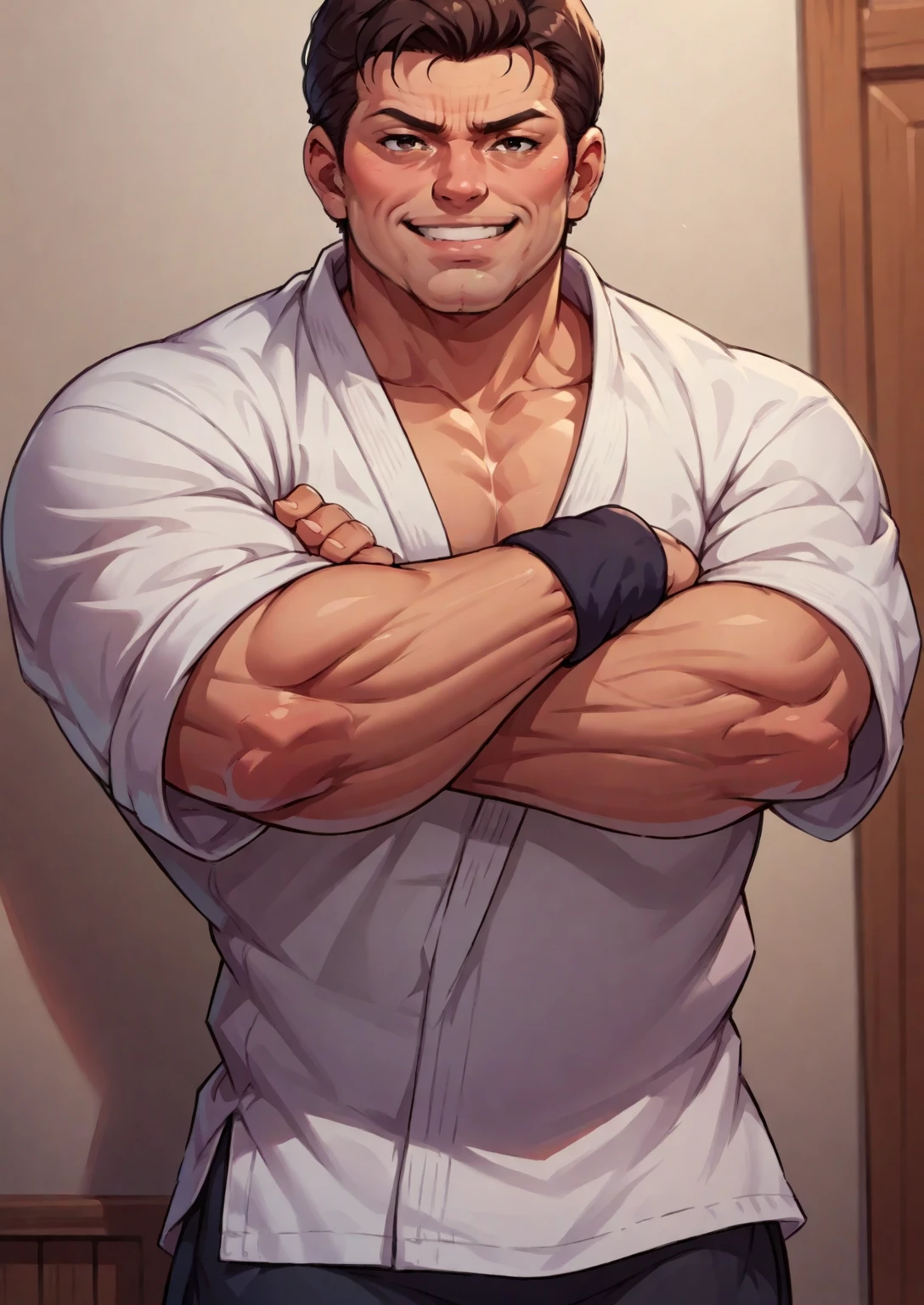 score_9, score_8up, score_7up, score_6up, score_5up, score_4up, dutch angle, dynamic angle, source_cartoon, rating_explicit,1man,Takuma_Sakazaki,mature man, 50 years old, smooth wrinkles on face,muscle daddy, muscle man, bodybuilder, brown hair, black eyes, waering hatm black clothes,  crossed arms, smiling,