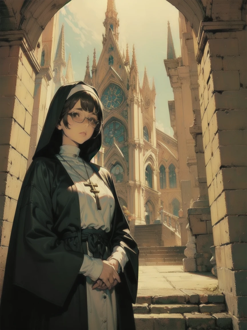 Female Priest,  black robe, Older, Handsome gentleman, Busty, Brown Hair,  cross necklace , religion, Church in the background, Dramatic lighting,  cinematic angles,  super high definition, masterpiece,  Extremely detailed, risograph