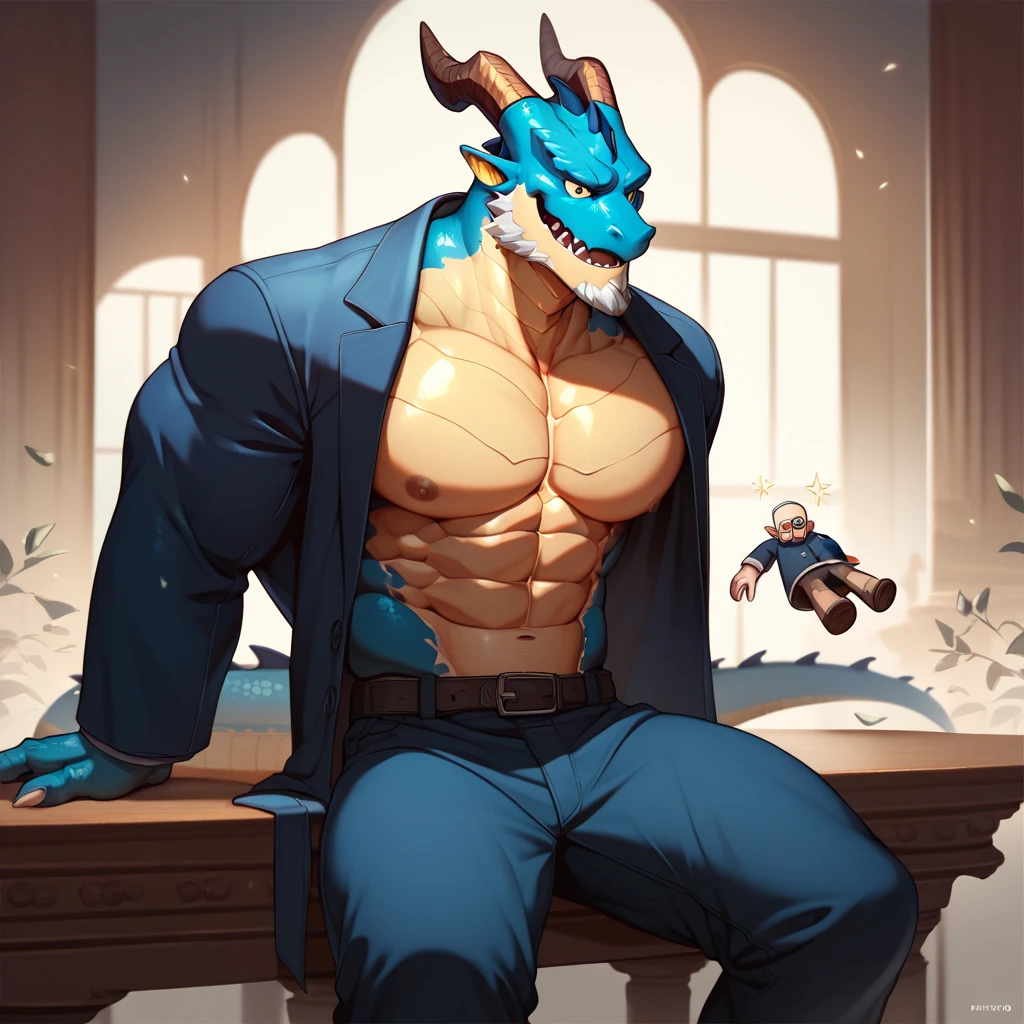New Jersey 5 Furry,Earth dragon,portrait,With a pair of dragon wings,There are black dragon horns on the head,Dragon's Tail,portrait,Exquisite, Chubby,Fat,Rounded face,Thick arms,Rugged muscles,Blue Skin,Chubby脸,Black eyebrows,Dark blue eyes,White shirt,shorts,Black vest,tie,In the bedroom,Lying in bed,Afternoon Sunshine,blush