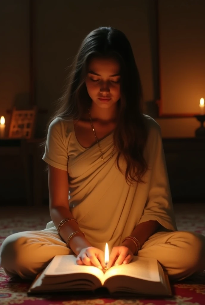 "A serene figure meditating or in a state of enlightenment, glowing softly and separate from the images of the three men and their worldly pleasures."