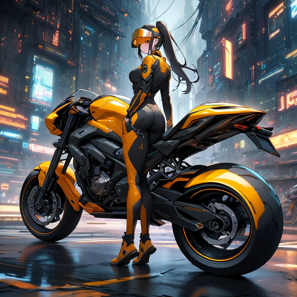 highly detailed digital illustration depicting a futuristic, cyberpunk scene. The central figure is a woman with long, flowing black hair, standing with her back to the viewer. She is wearing a form-fitting, bright yellow spacesuit with intricate details, including a white helmet with a visor. The suit has multiple pockets and straps, indicating high-tech functionality. The suit's texture is smooth with metallic accents, and the helmet's visor is reflective, adding a futuristic touch.The woman is standing on a sleek, futuristic motorcycle with a large, glossy yellow gas tank and a black seat. The motorcycle has a sleek, aerodynamic design with visible mechanical components and a large rear tire with a prominent orange rim. The motorcycle's handlebars are wrapped in a black leather grip.In the background, there is a dense, urban cityscape filled with towering, multi-colored skyscrapers and numerous neon signs, indicating a bustling metropolis. The sky is dark and overcast, with a hint of rain or smog, adding to the gritty, dystopian atmosphere. Various wires, pipes, and technological structures are visible, enhancing the cyberpunk aesthetic. The overall color palette is dominated by cool tones, with the bright yellow of the suit and motorcycle contrasting sharply against the darker