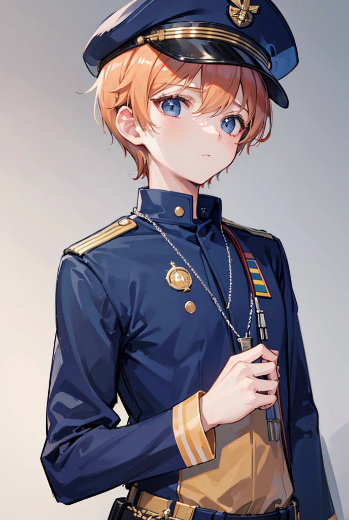 1boy, standing portrait, Central Focus, Centered, Fully in-frame, Solo, Standing still, zoomed out, dog tag necklace, saluting

Gender: Male

Appearance: navy captain with short peach hair and captain's cap wearing a navy blue military admiral uniform with medals and insignias