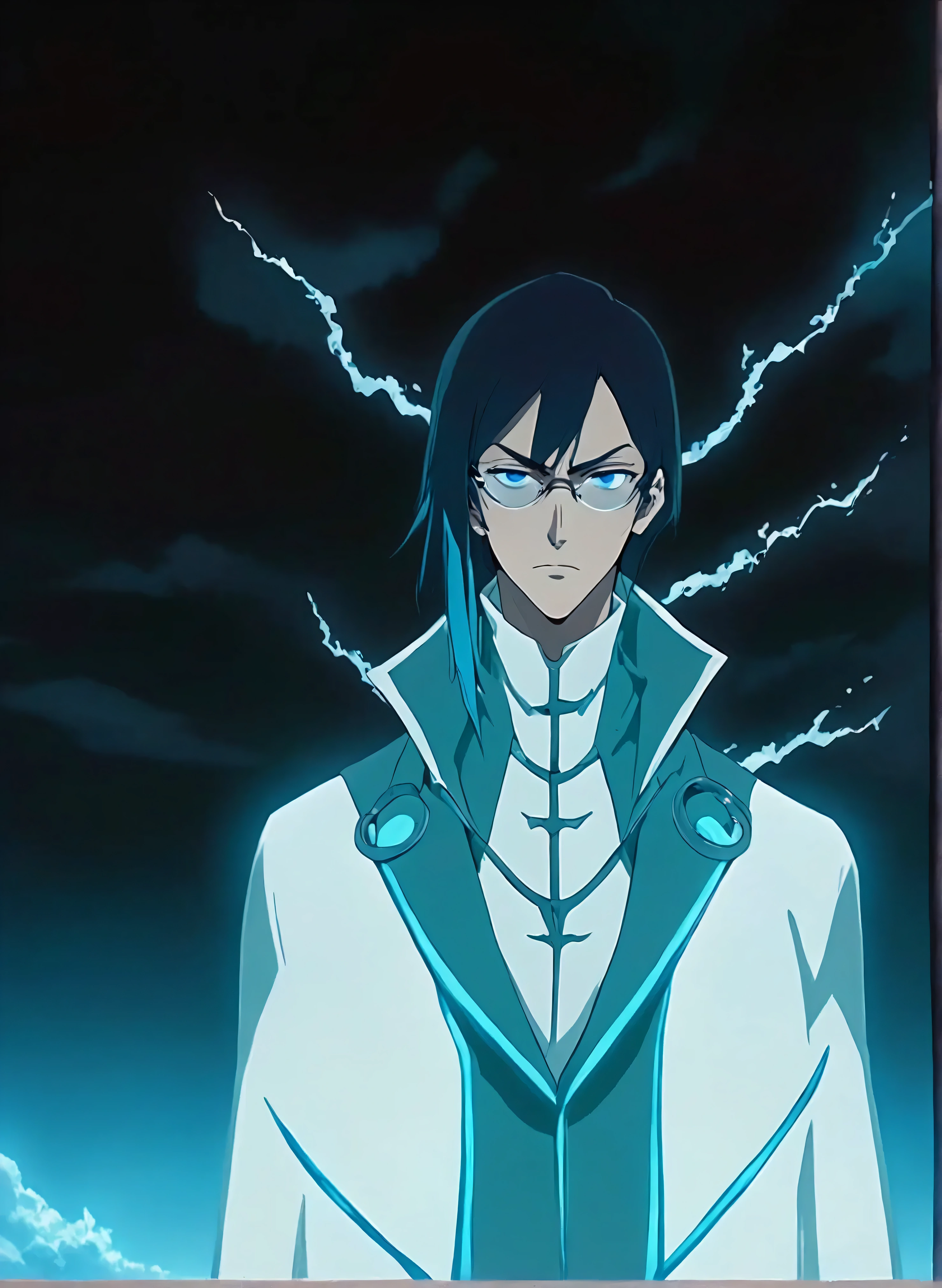  close-up of a man in a white coat and black hair,  hair straightened back , } bangs to the side of the eye ,  transparent narrow glasses ,  this character has the power of Quincy , standby collar ,  the neck is covered by white , standby collar  до ушей,  hair black ,  A tall anime guy with blue eyes , gurenn lagann, anime screenshot ,  male anime character ,  piercing ,  clothes against the background of bright blue spikes ,  behind the character,  very detailed starry blue sky,  very detailed bright blue sky ,  with bright blue lightning ,  a lot of blue zippers , very bright , , the hair of the bangs screams part of the edge ,  in the hands of a bow that consists of blue plows ,  very good quality ,  are very dated, ,  ears curl hair ,  standing collar ,  white clothes under a raincoat 