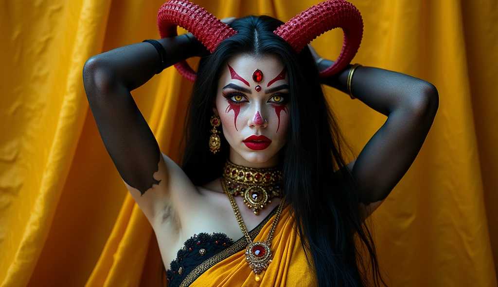 a close up of a woman with horns and makeup on, beautiful elegant demon queen, demon woman, beautiful succubus, full body devil woman, demon girl, queen of hell, white horns queen demon, succubus, succubuedieval, demoness, portrait of a female demon, scary horrifying satanic rituals, goddess of the underworld, diablo 4 lilith