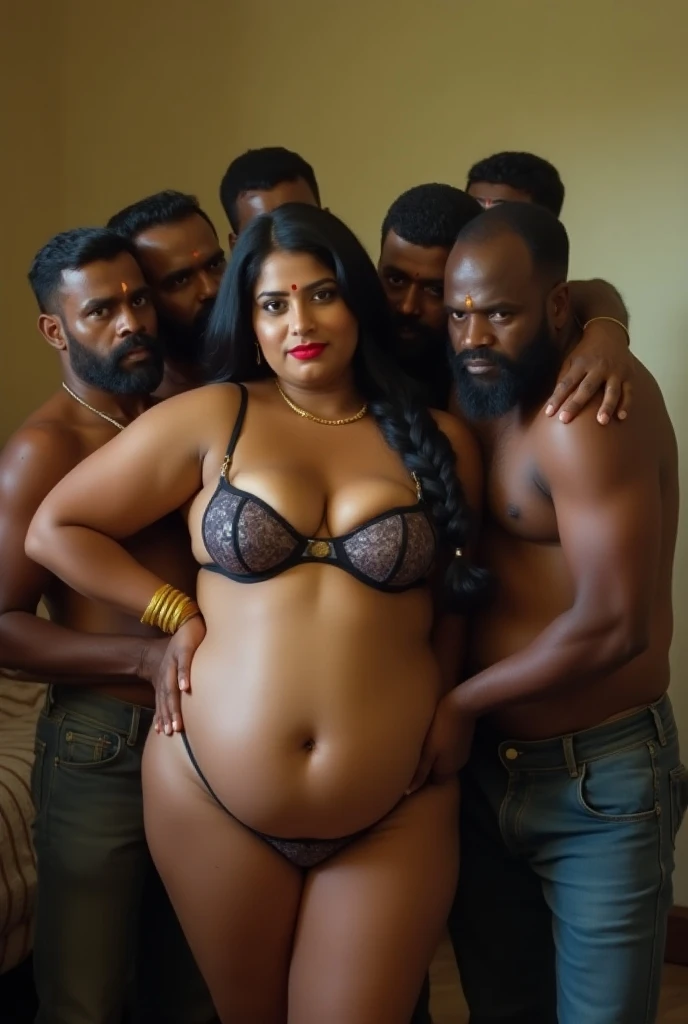 hot slim curvy white south indian milf with long single plaited hairstyle, big breast, big hip, very big ass, thick thighs, woman wearing crop top and leggings, bending over, sexy pose, group of black man standing back of woman, in white blank room,