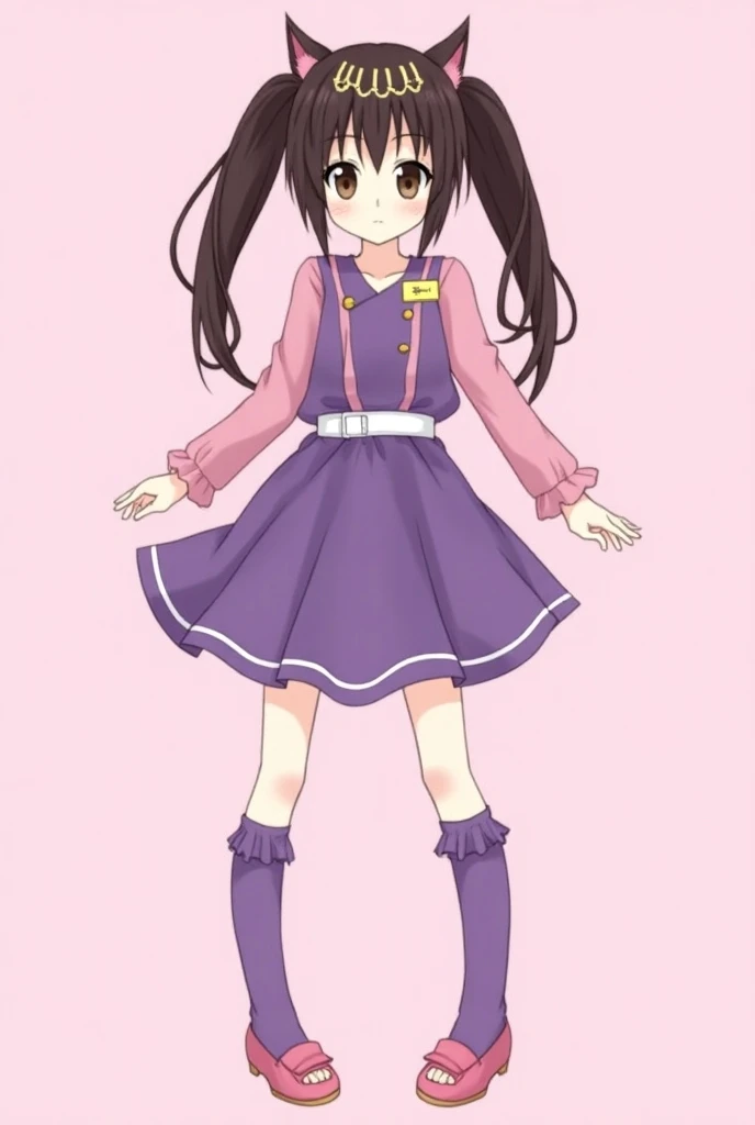 a girl with long hair, color hair maroon, long black socks, brown shoes, purple dress,
