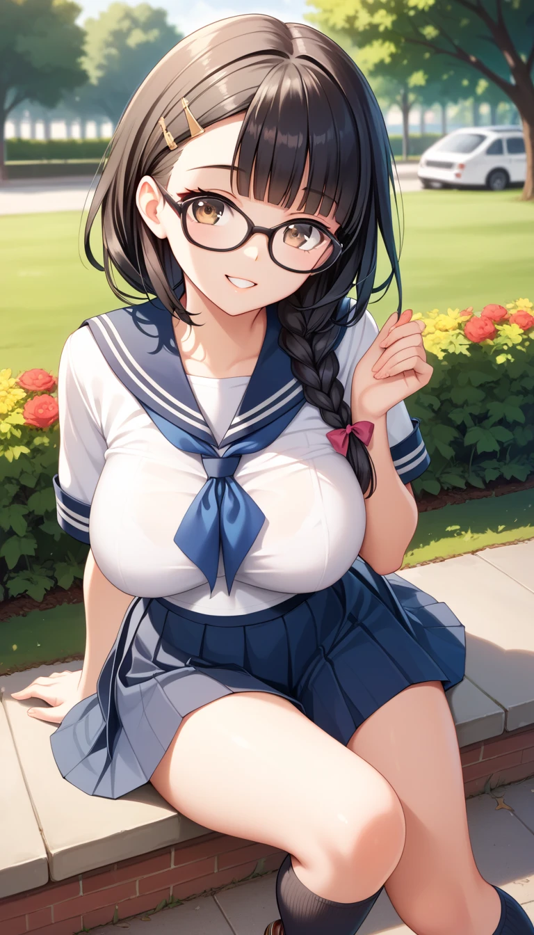 (1girl), (black hair:1.1), (braid:1.1), (glasses), (purple eyes), (smile), (large breast), (Intricate Iris Details), (outdoor), (looking at viewer), (visible through clothes), (Wet clothes), (bra:0.8), (School uniform), (Skirt), (panty shot)