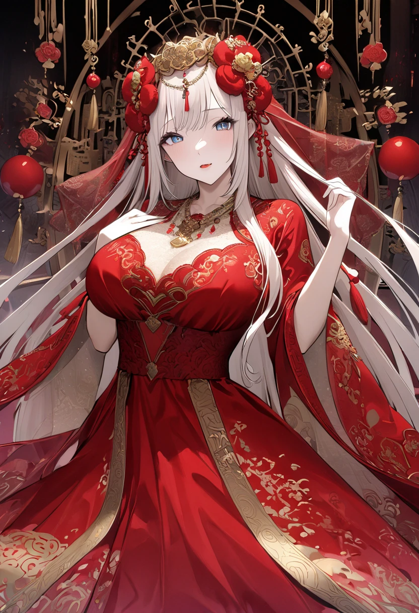 very long hair,（（（Eyes are very delicate）））（（（hair accessories）））（（（veil）））,necklace,Misako wears a red transparent sexy silk dress, ((skin glowing))The room is filled with Chinese New Year decorations（（（masterpiece）））, （（best quality））, （（intricate details））, （（Surreal））（8k）
