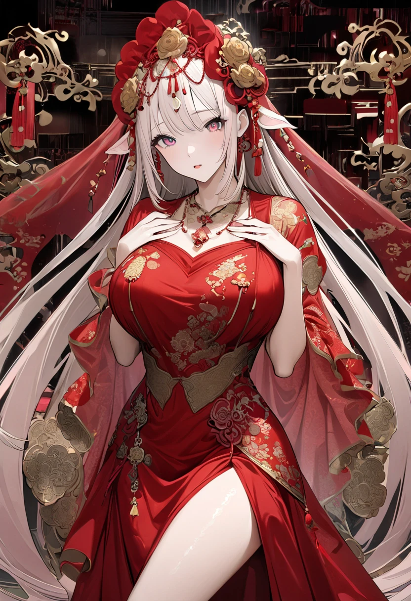 very long hair,（（（Eyes are very delicate）））（（（hair accessories）））（（（veil）））,necklace,Misako wears a red transparent sexy silk dress, ((skin glowing))The room is filled with Chinese New Year decorations（（（masterpiece）））, （（best quality））, （（intricate details））, （（Surreal））（8k）
