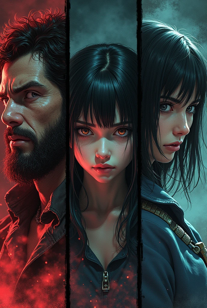 A beautiful detailed triptych, hyperrealistic manga RPG style, vibrant colors, highly detailed characters reminiscent of Sweet Home, intricate horror backgrounds, dramatic lighting, masterful composition, photorealistic render, cinematic atmosphere