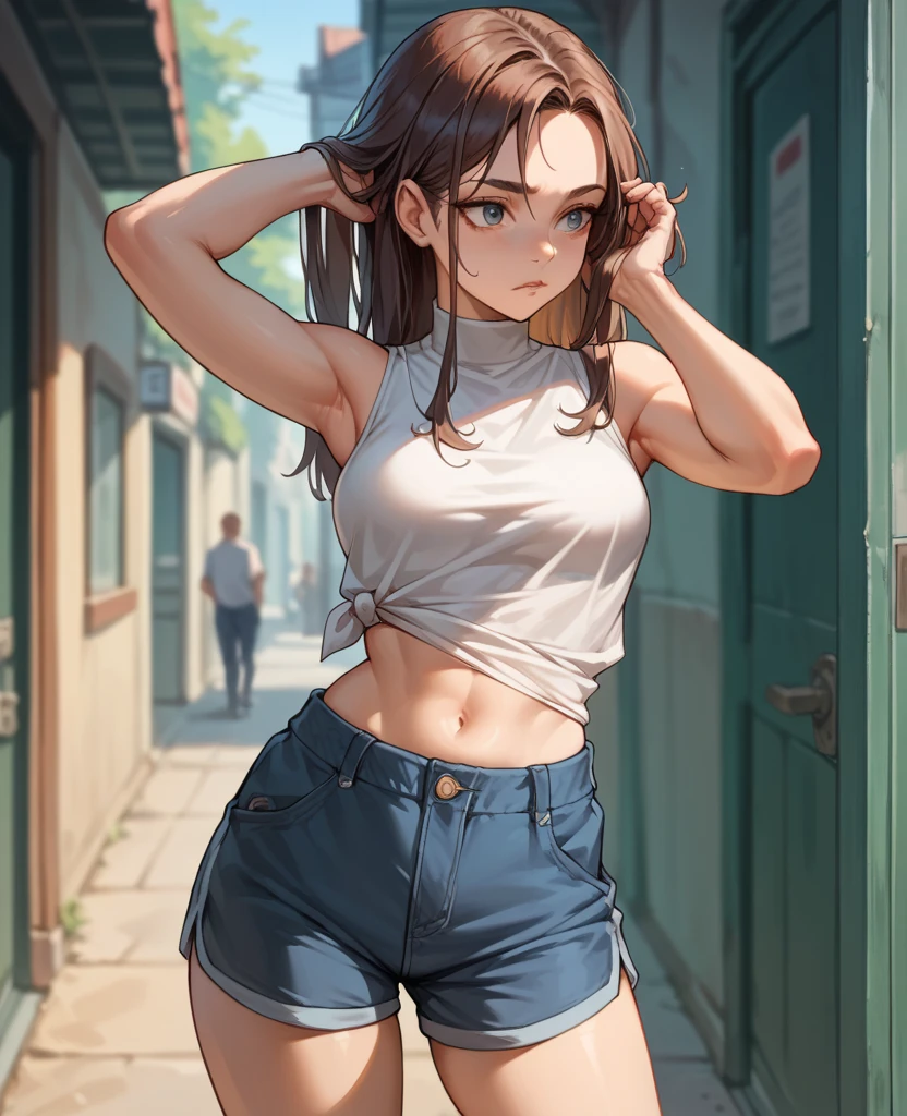 1girl, ultra high res, exposed tummy, shirt, shorts , adjusting hair, sleeveless