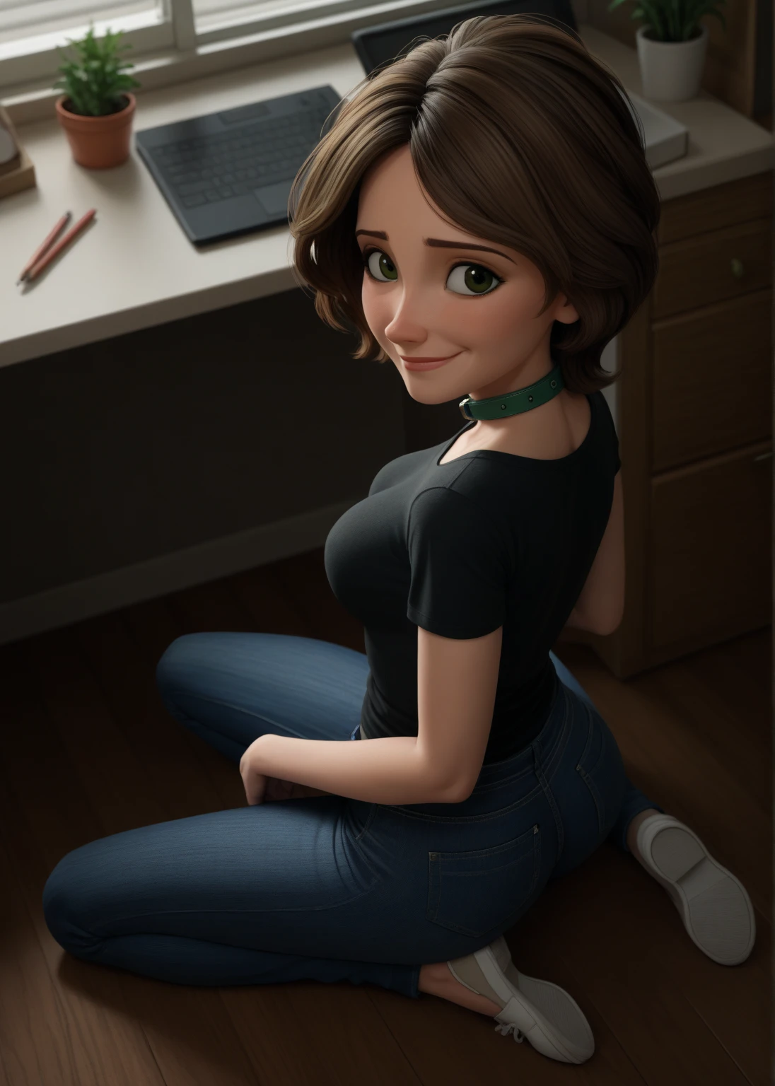 cass,1 girl, Alone, breasts, smile,  short hair,  brown hair, shirt, jewelry,  green eyes,  full body , jeans, short sleeve, inside, collar, [blurred, black shirt, shy smile, score_9, score_8_above, score_7_above, score_6_above, Vista posterior, ass, have finished, by desktop,