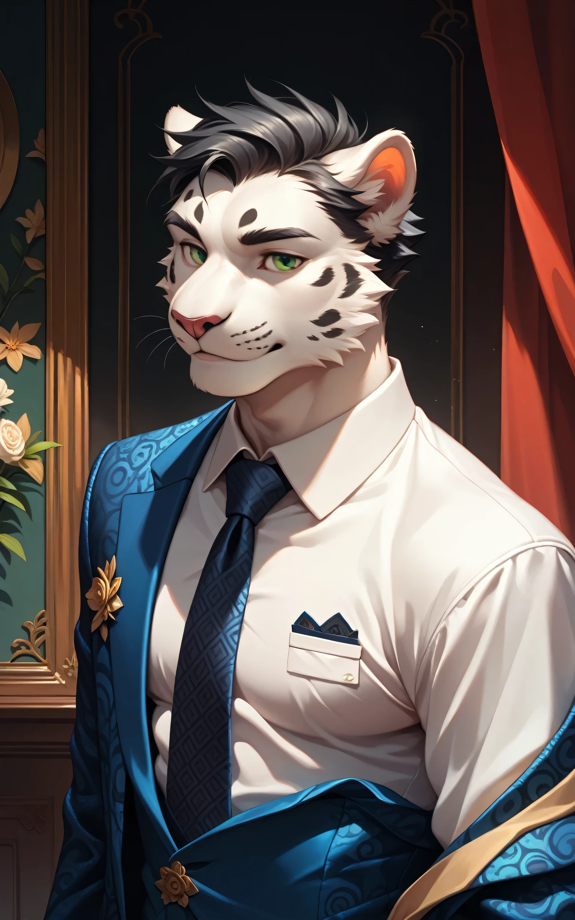 {{bara extremely handsome white tiger,}} {{white fur,}} white, wearing elegant ornate suit jacket, trousers, white dress shirt and necktie, white fluffy furry body and limbs, loafers, very tall, very broad shoulders, narrow waist, muscular arms, massive pecs, purple eyes, very long legs, massive bulge, sophisticated hot look, full body, 3/4 view, best quality, high quality, silver earring on left ear, sultry smirk, multiple views, character sheet