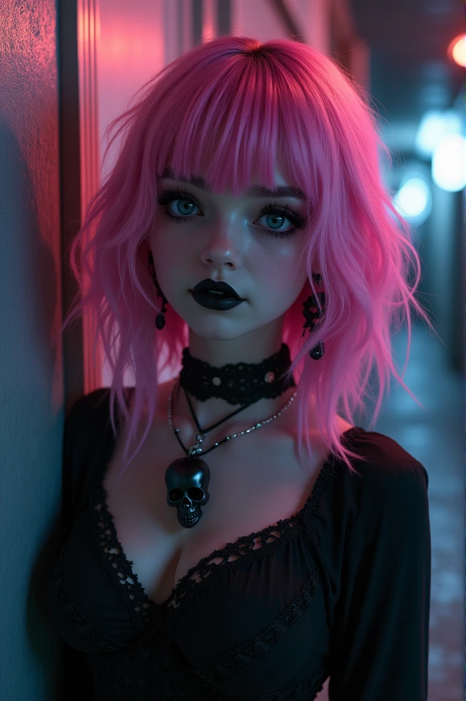 (best quality, 8K, 32K, masterpiece, Ultra HD:1.2),Photos of 18-year-old American beauties,, Super Short Straight Bob Hairstyle,Upper Body,Face Focus,(Oversized_Vest,:1.1) necklace, Horror background with skull,Jack-o'-lantern. Looking at the audience, Lean forward, Scar on collarbone (((Pink Hair,Pink bangs))), (((Vibrant pink eyes))) (((Award details)) ((Avatar Halloween makeup and pop star costumes)))