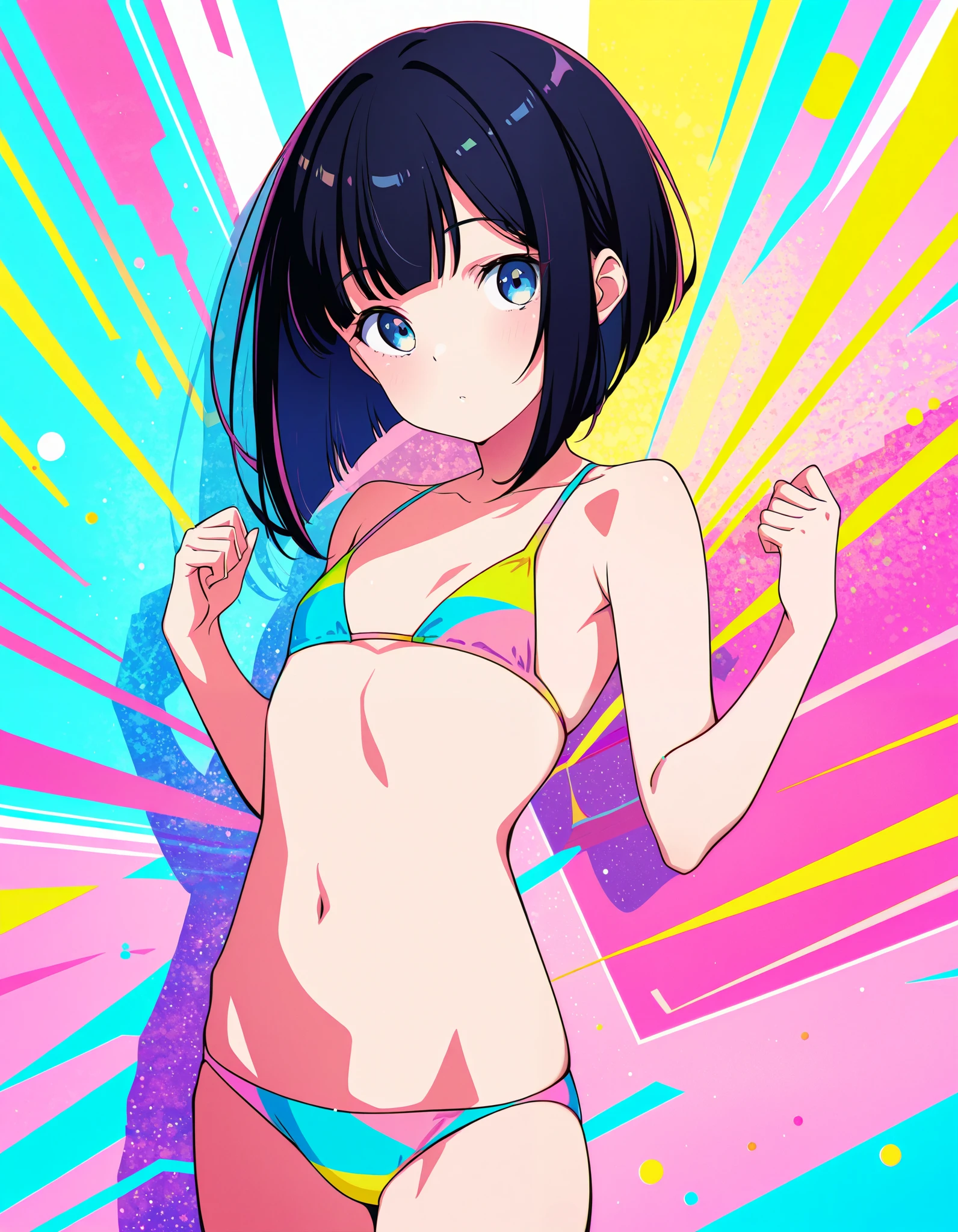 score_9, score_8_up, score_7_up, hd, ultra hd quality details, 8K, 1girl, Lob (long bob), small , flat chest, Thin-legged body, blue eyes, Black hair, chromatic aberration, colorful, bright colors,, 2d illustration, pastel colors,