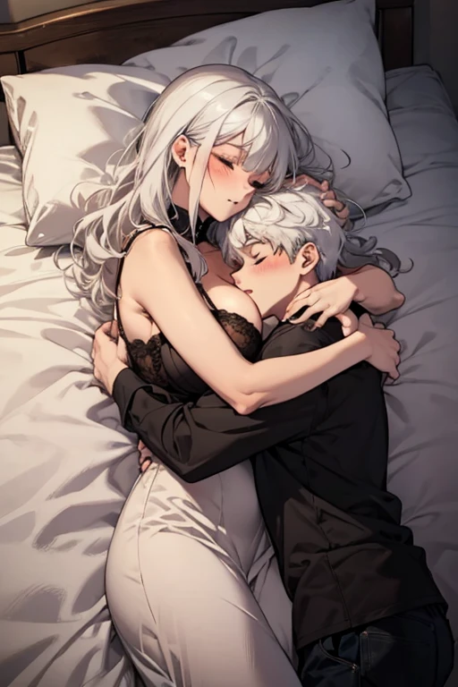 A big beautiful woman with long white hair and big breasts is sleeping while holding a short ，shy，Blushing and hugging her ****** brother ，Holding the ，bed time，hug， lying on his sister