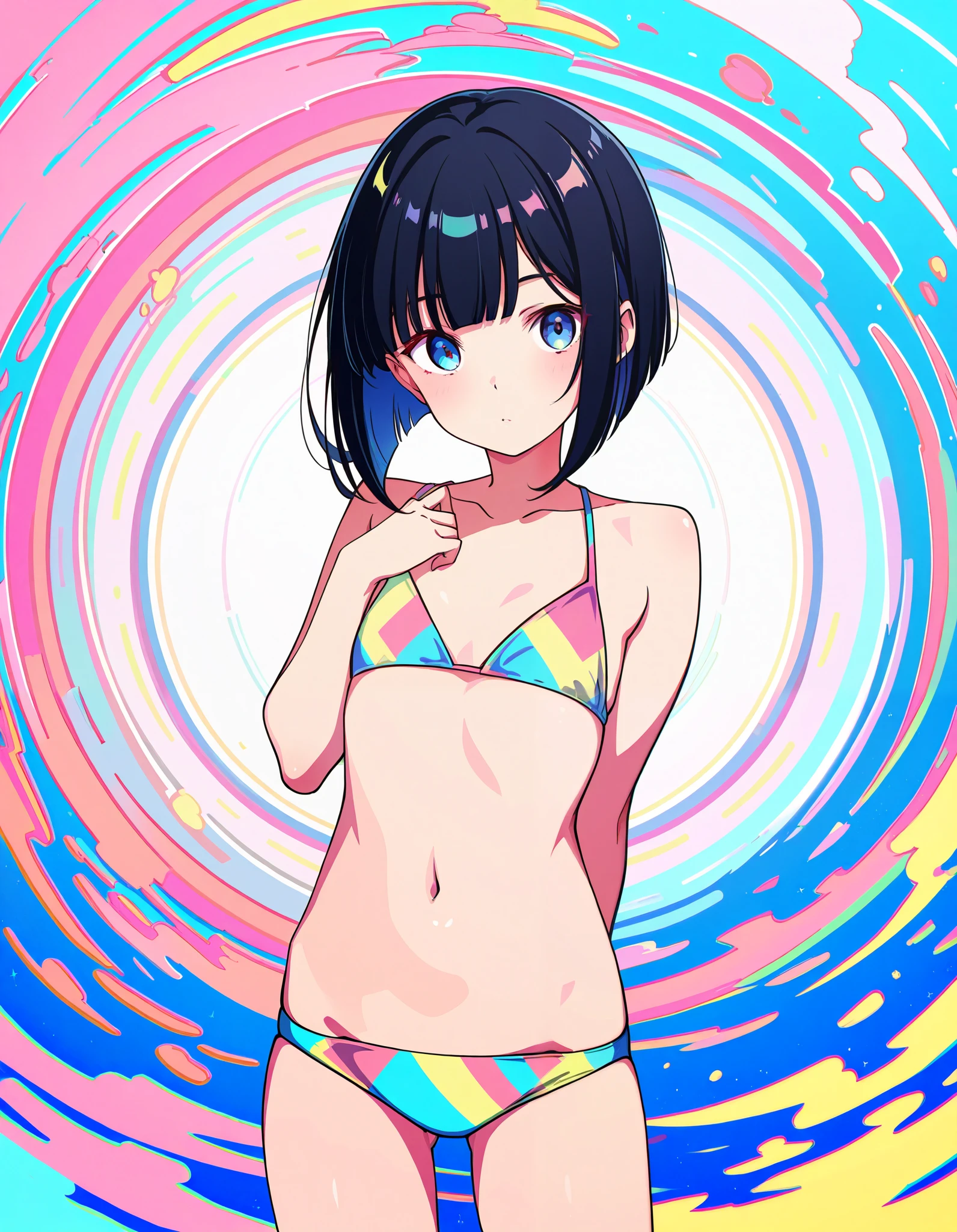 score_9, score_8_up, score_7_up, hd, ultra hd quality details, 8K, 1girl, Lob (long bob), small , flat chest, Thin-legged body, blue eyes, Black hair, chromatic aberration, colorful, bright colors,, 2d illustration, pastel colors,