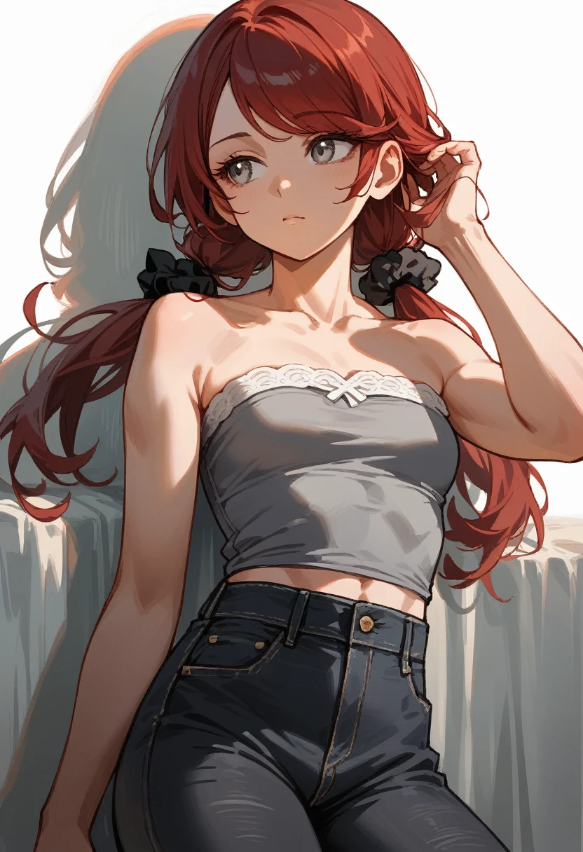 (masterpiece, best quality), 1girl, stoic, looking to the side, beautiful face,   Gray eyes, Dark red hair, swept bangs, low twin tails, white ribbons, strapless gray shirt with white trim, black jeans, small breasts, toned arms,