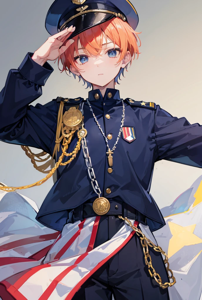 1boy, standing portrait, Central Focus, Centered, Fully in-frame, Solo, Standing still, zoomed out, dog tag necklace, salute

Gender: Male

Appearance: navy captain with short peach hair and captain's cap wearing a navy blue military admiral uniform with medals and insignias, saluting