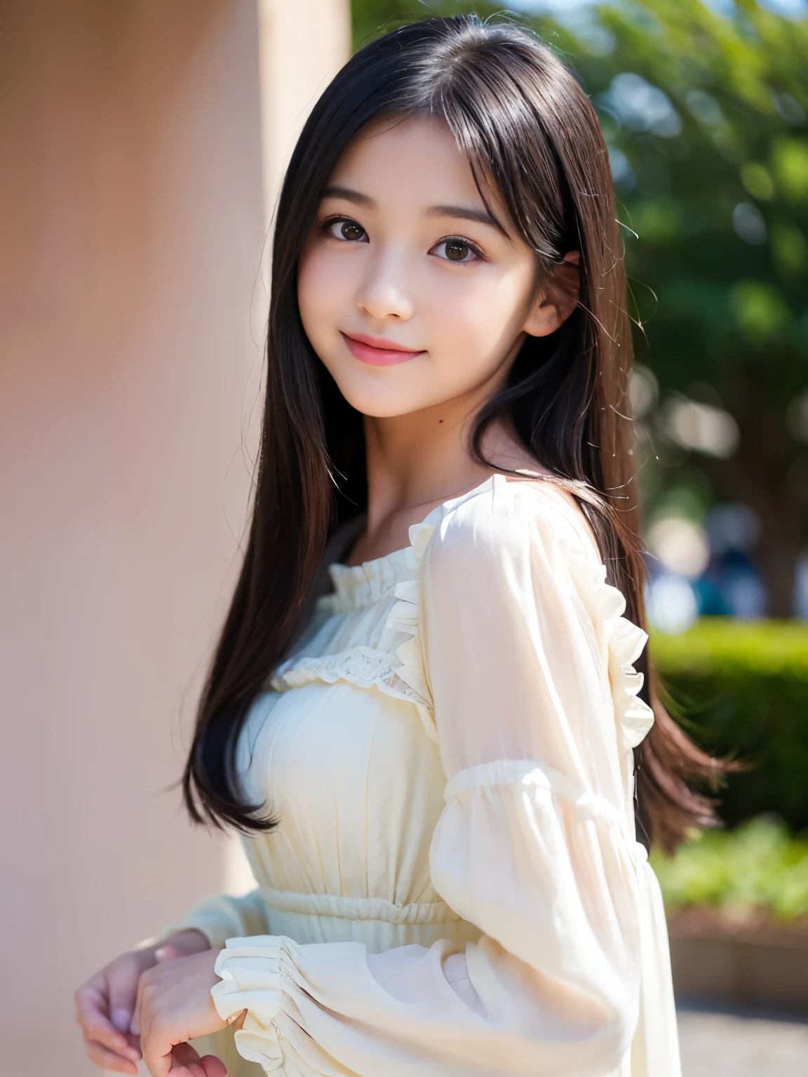 film portrait photography, 1girl, wavy shoulder-length hair (realistic detailed eyes, natural skin texture, realistic face details), soft dramatic lighting, depth of field, bokeh, vibrant details, finely detailed, hyperrealistic, 35mm film, hazy blur, filmg,happy smile, dancing, wearing a black university uniform dress elegant, moving, windy autumn forest