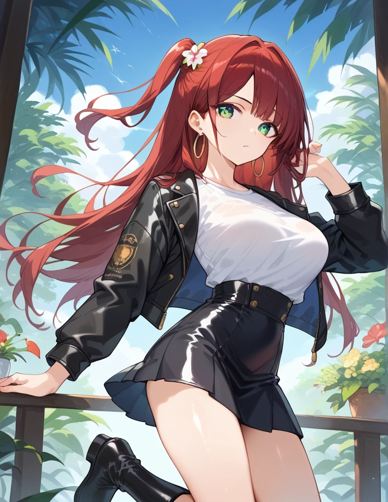 score_9, score_8_up, score_7_up, source_Cartoon, Morning Fragrance  ,   red hair, (green eyes, one side up),,hair accessories,   Shiny Skin , long hair, Hoop Earrings... White Leather Jacket... Black High Waist Skinny Skirt.Leather Black Horse Boots ..