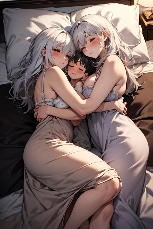  A big beautiful woman in a nightdress with long white hair and big breasts is sleeping with two short s，shy，Blushing and holding her two little brothers ，Holding the ，bed time，hug，，