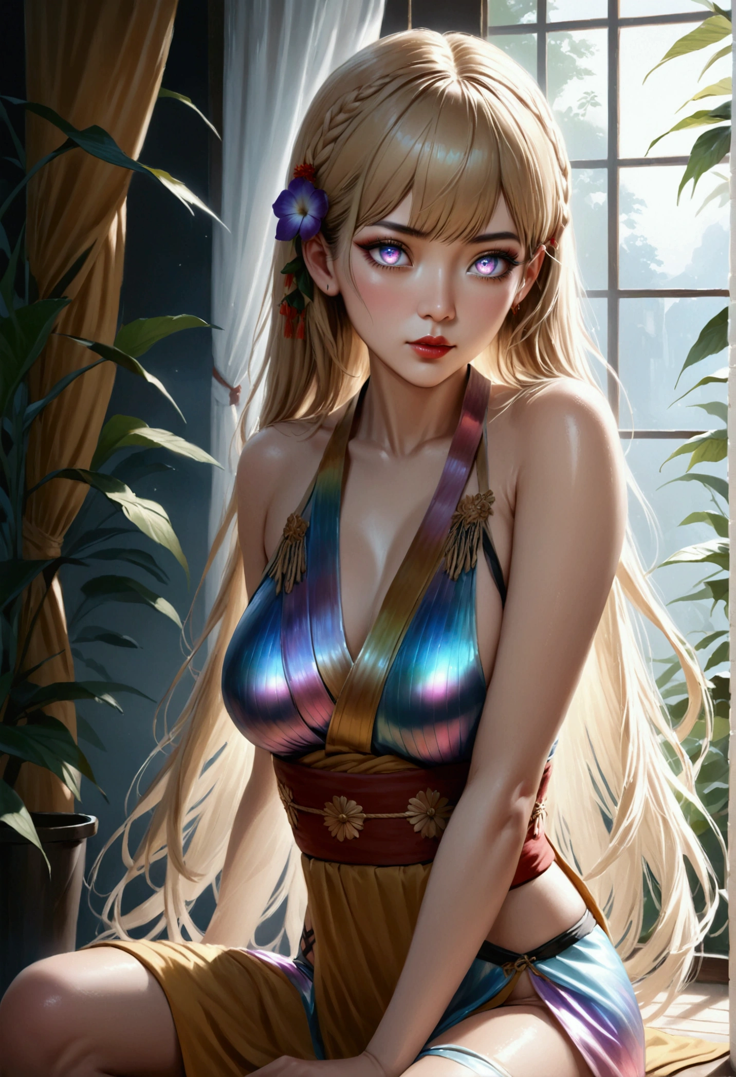 soft_light, (Masterpiece:1.5), (Best Quality:1.5), High Resolution, High Detail, 1 Girl, Solo, Skin Highlight, Sharpen, Clear, straight hair, ponytail, multicolored hair, Jewelry, bracelet, earrings, cowboy shot, pale skin, smile, jungle ruins, wearing animal-print loincloth pelvic curtain and bra, (thicc|fit hourglass bodyshape)