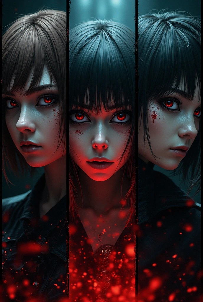 A beautiful detailed triptych, hyperrealistic manga RPG style, vibrant colors, highly detailed characters reminiscent of Sweet Home, intricate horror backgrounds, dramatic lighting, masterful composition, photorealistic render, cinematic atmosphere