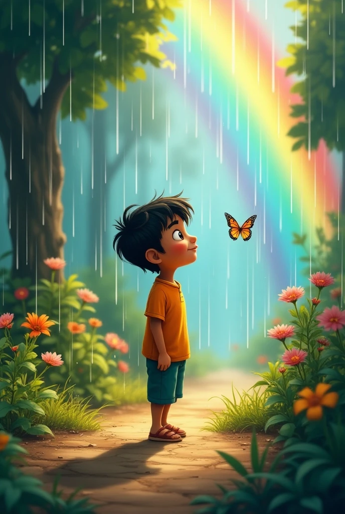 Cartoon rainbow with colors watching by child
