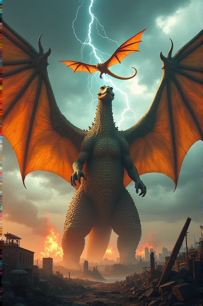 very big godzilla with wings he fly on the sky