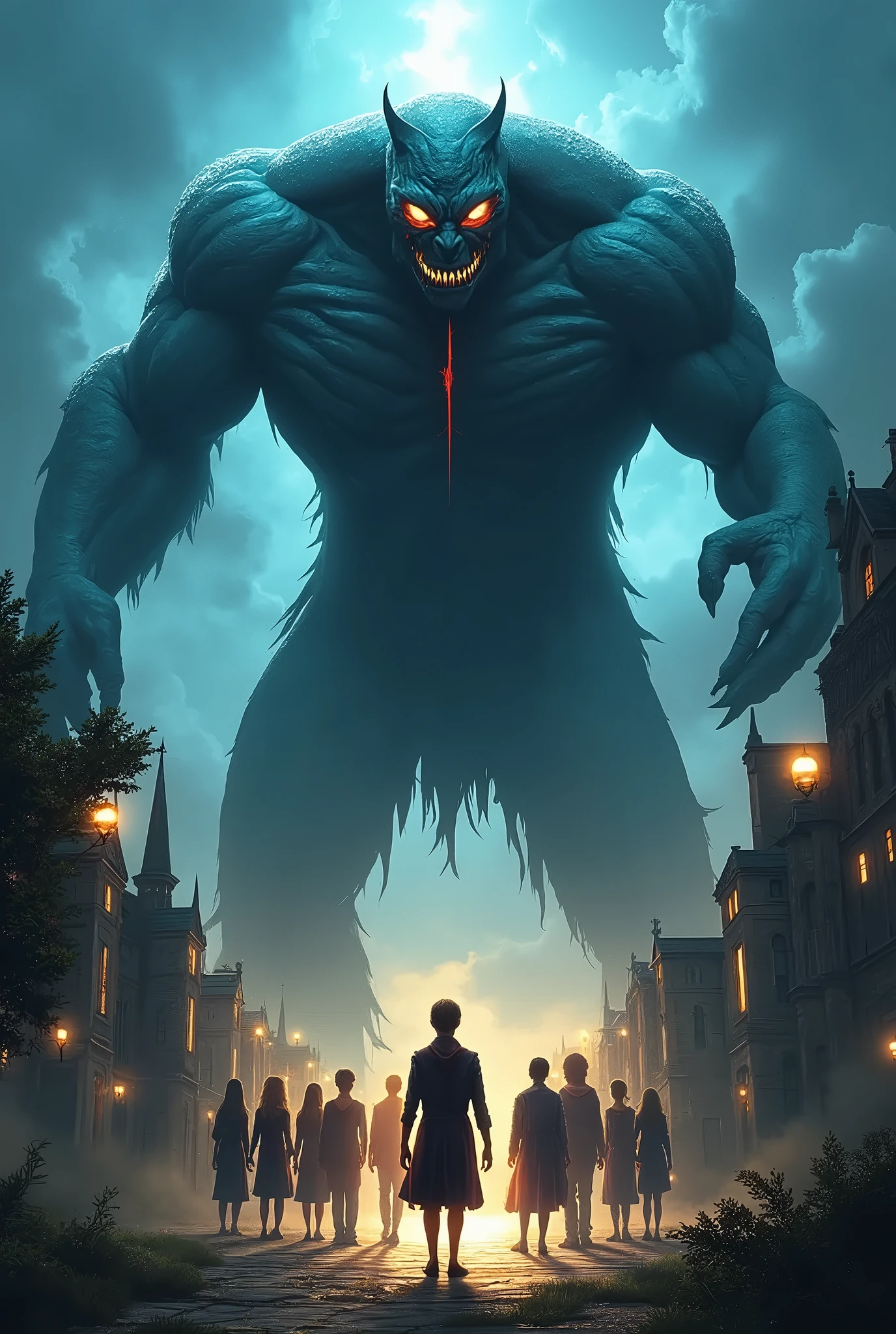 Background anime medieval fantasy city attacked by monsters in large numbers people panic animated people fear without a castle night of the torch