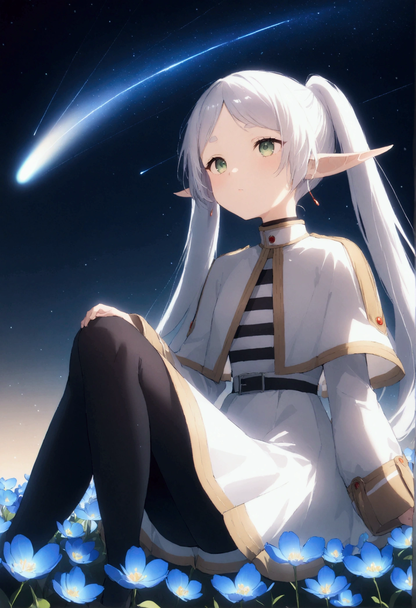  High image quality 、masterpiece、   high quality、Full HD、4K、 standing、 one girl sitting on the ground 、Side view、 Funeral Freelen、 Silver Hair、 twin tails、Green Eyes、Elf Ears、 White Dress 、 striped inner、skirt with gold hem 、Black tights、 flat chest、Blushing cheeks 、 looking up at the sky 、Look Up、smile、Blue Flower Field、Standing in a flower field、The blue petals are flying、Night Sky、 shooting stars、Meteor Shower