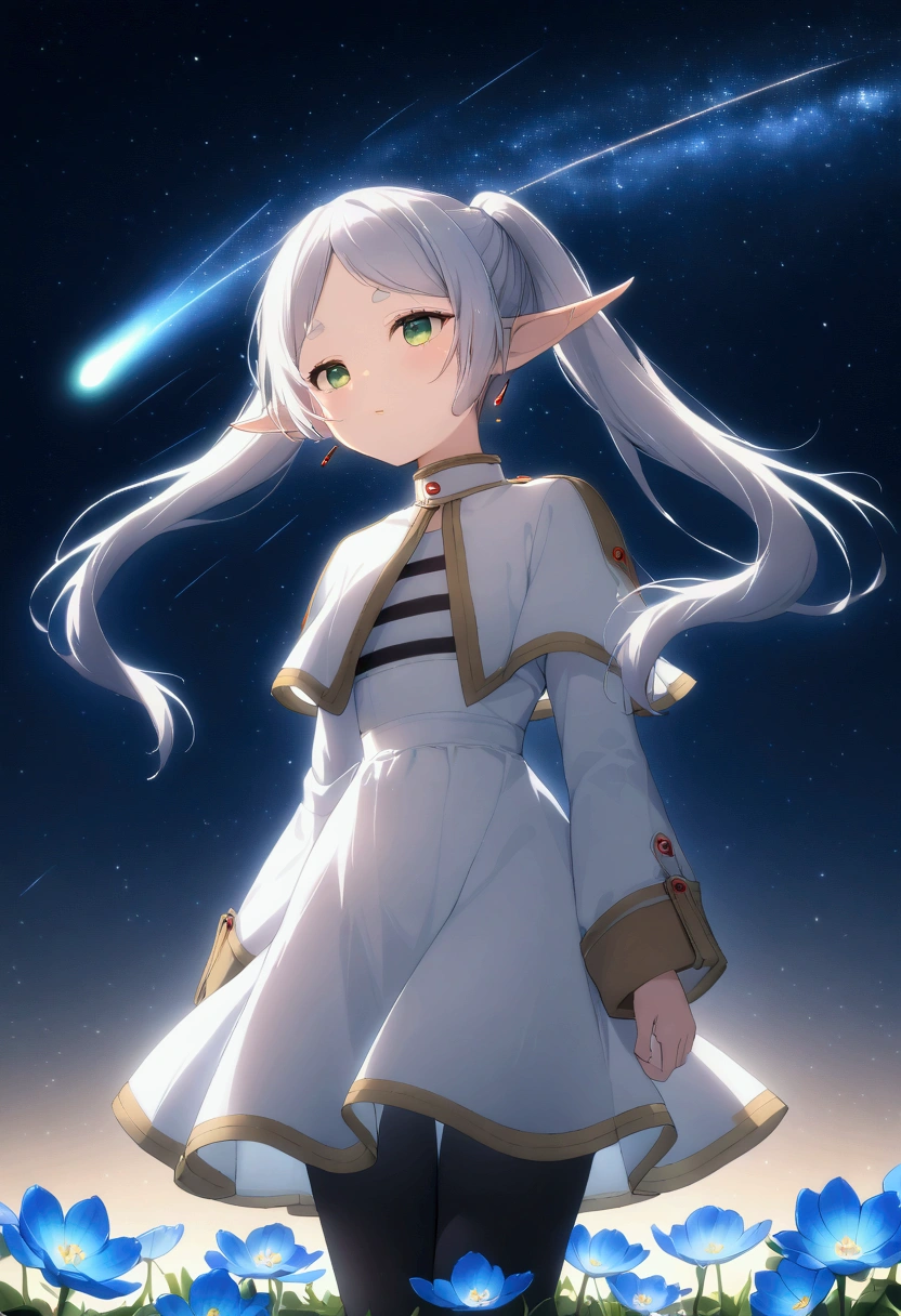  High image quality 、masterpiece、   high quality、Full HD、4K、 standing、 one girl sitting on the ground 、Side view、 Funeral Freelen、 Silver Hair、 twin tails、Green Eyes、Elf Ears、 White Dress 、 striped inner、skirt with gold hem 、Black tights、 flat chest、Blushing cheeks 、 looking up at the sky 、Look Up、smile、Blue Flower Field、Standing in a flower field、The blue petals are flying、Night Sky、 shooting stars、Meteor Shower