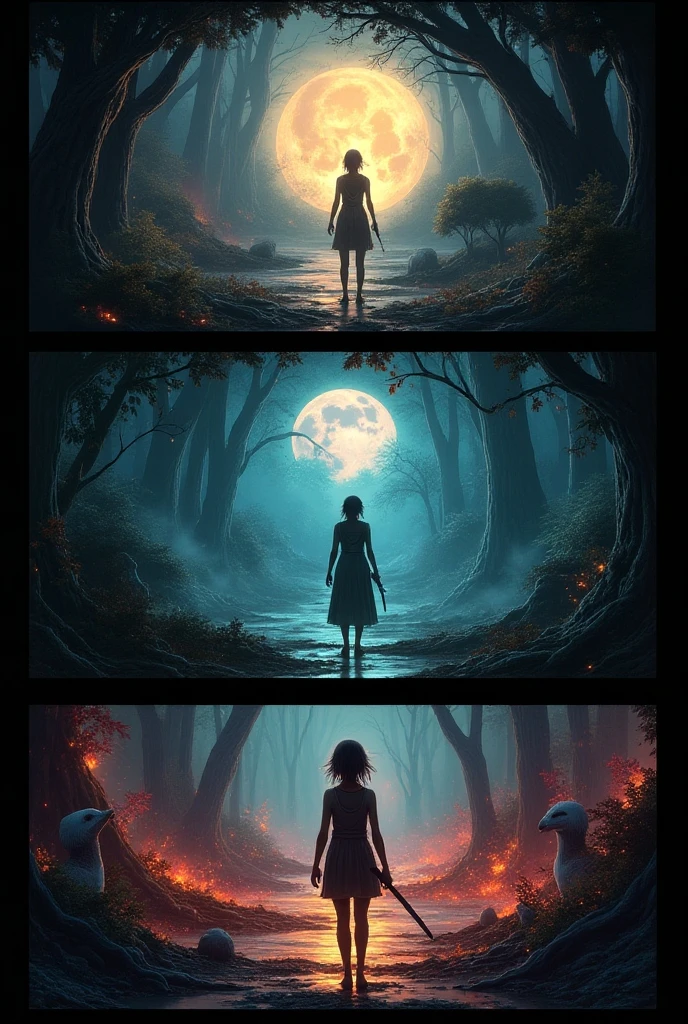 A beautiful detailed triptych, hyperrealistic manga RPG style, vibrant colors, highly detailed characters reminiscent of Sweet Home, intricate horror backgrounds, dramatic lighting, masterful composition, photorealistic render, cinematic atmosphere