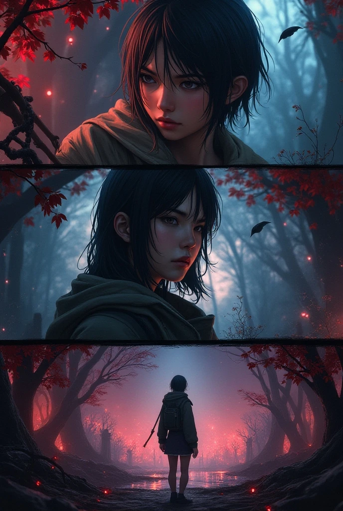 A beautiful detailed triptych, hyperrealistic manga RPG style, vibrant colors, highly detailed characters reminiscent of Sweet Home, intricate horror backgrounds, dramatic lighting, masterful composition, photorealistic render, cinematic atmosphere